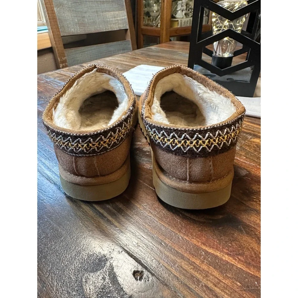 UGG Tasman Chestnut Suede Braid Trim Slip On Mules Shoe Clogs Kids Size Junior 2